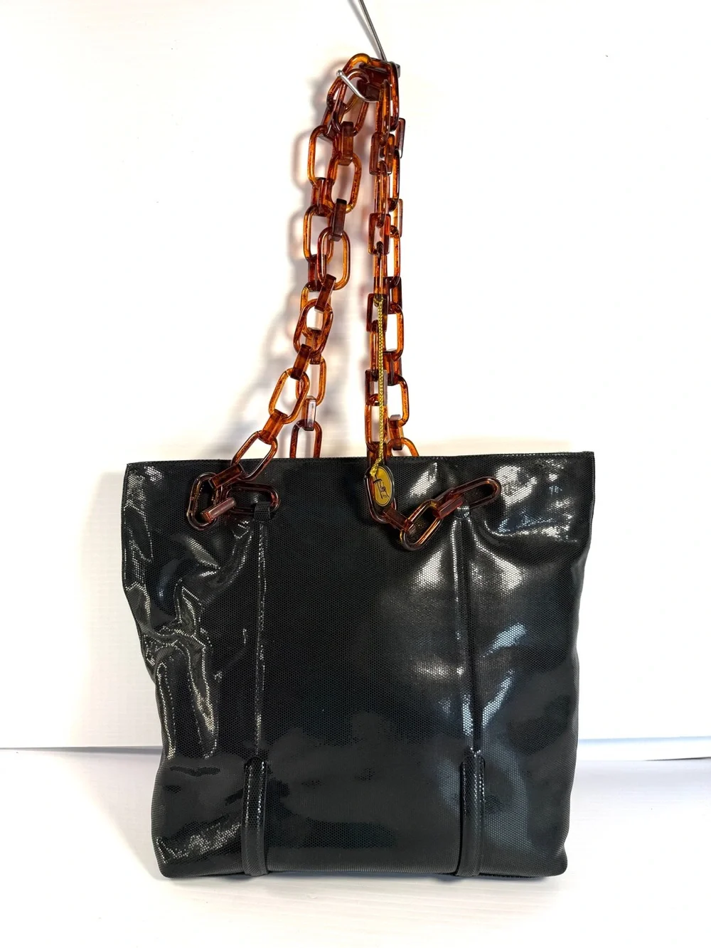 Aleda Patent Black Tote with Tortoise Lucite Chain Straps